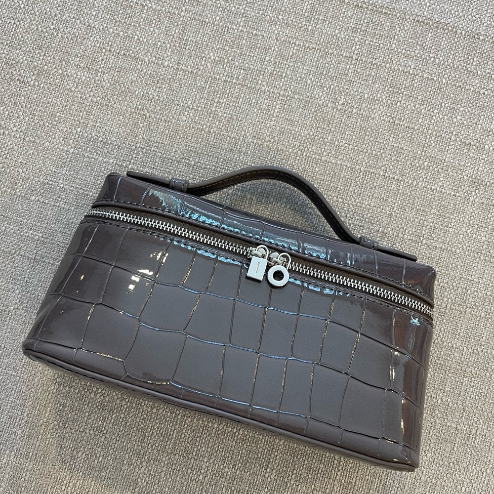 Gray Crocodile-Embossed Bag with Glossy Finish